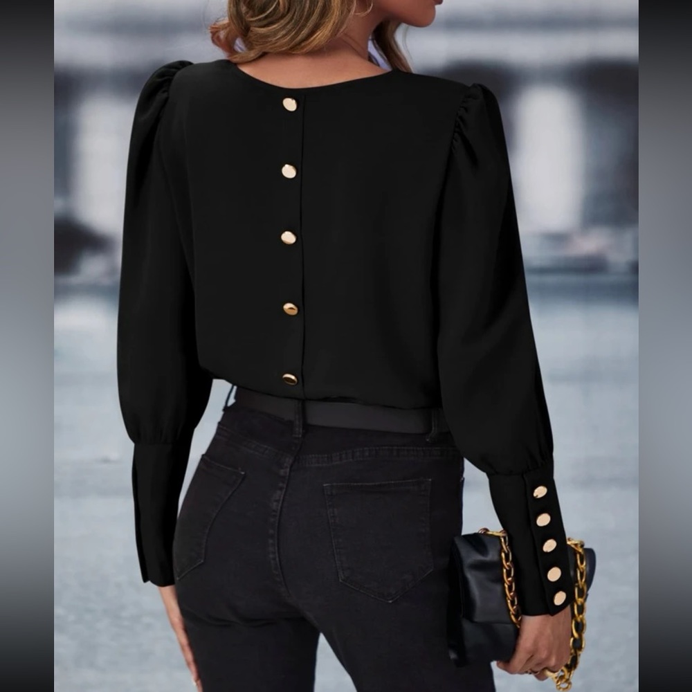 Luxe button back puff sleeve blouse - Picture 1 of 7